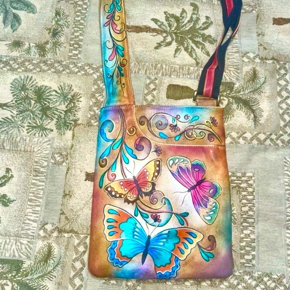 Butterfly bag hand painted Anuschka purse bohemian travel messenger bag - Picture 2 of 16